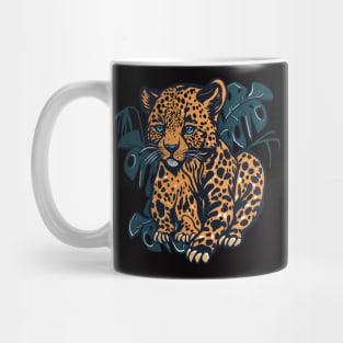 Leopard sitting in between monstera leaves kawaii Mug